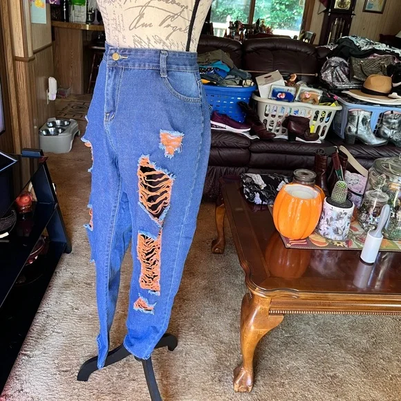 High Rise Jeans for Women Trendy 90s Denim Straight Leg Jeans orange thread rips - Picture 3 of 16